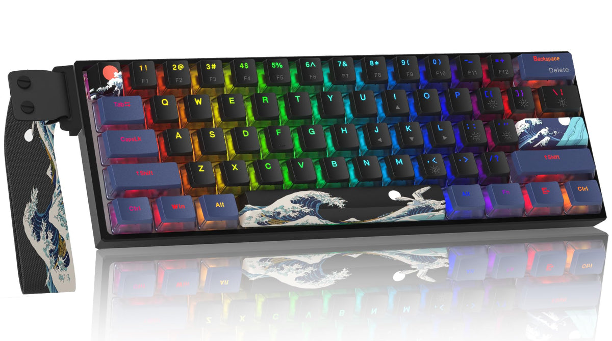 COSTOM WK61 PRO 60% Percent Keyboard with QMK, Black Kanagawa Wired Mechanical Gaming Keyboard with Strap RGB Backlit, Anime Pudding PBT Keycaps, Hot Swappable POM Linear Red Switch