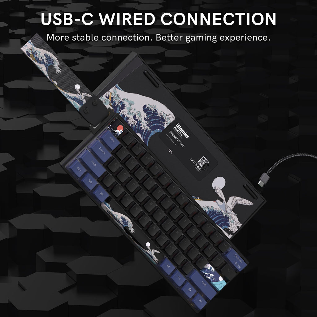 COSTOM WK61 PRO 60% Percent Keyboard with QMK, Black Kanagawa Wired Mechanical Gaming Keyboard with Strap RGB Backlit, Anime Pudding PBT Keycaps, Hot Swappable POM Linear Red Switch