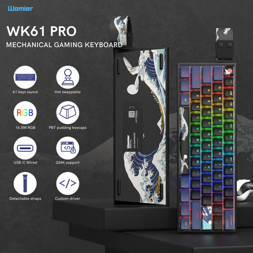 COSTOM WK61 PRO 60% Percent Keyboard with QMK, Black Kanagawa Wired Mechanical Gaming Keyboard with Strap RGB Backlit, Anime Pudding PBT Keycaps, Hot Swappable POM Linear Red Switch