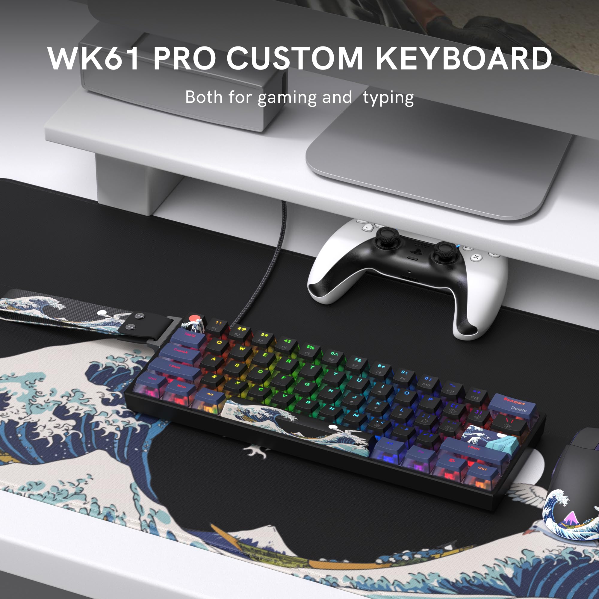 COSTOM WK61 PRO 60% Percent Keyboard with QMK, Black Kanagawa Wired Mechanical Gaming Keyboard with Strap RGB Backlit, Anime Pudding PBT Keycaps, Hot Swappable POM Linear Red Switch