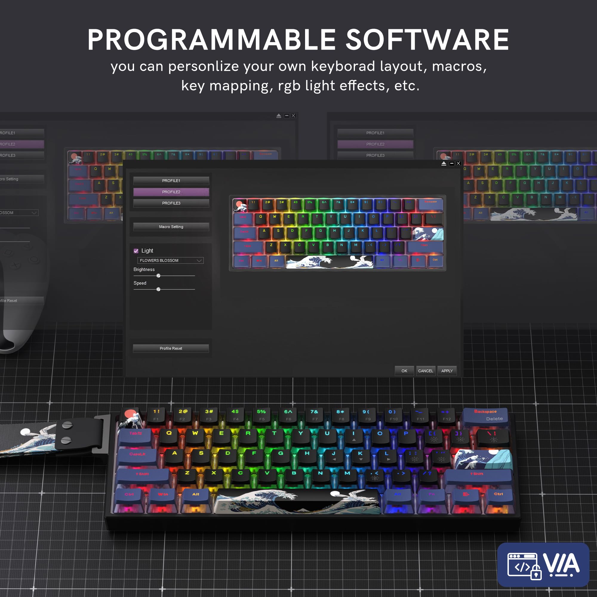 COSTOM WK61 PRO 60% Percent Keyboard with QMK, Black Kanagawa Wired Mechanical Gaming Keyboard with Strap RGB Backlit, Anime Pudding PBT Keycaps, Hot Swappable POM Linear Red Switch