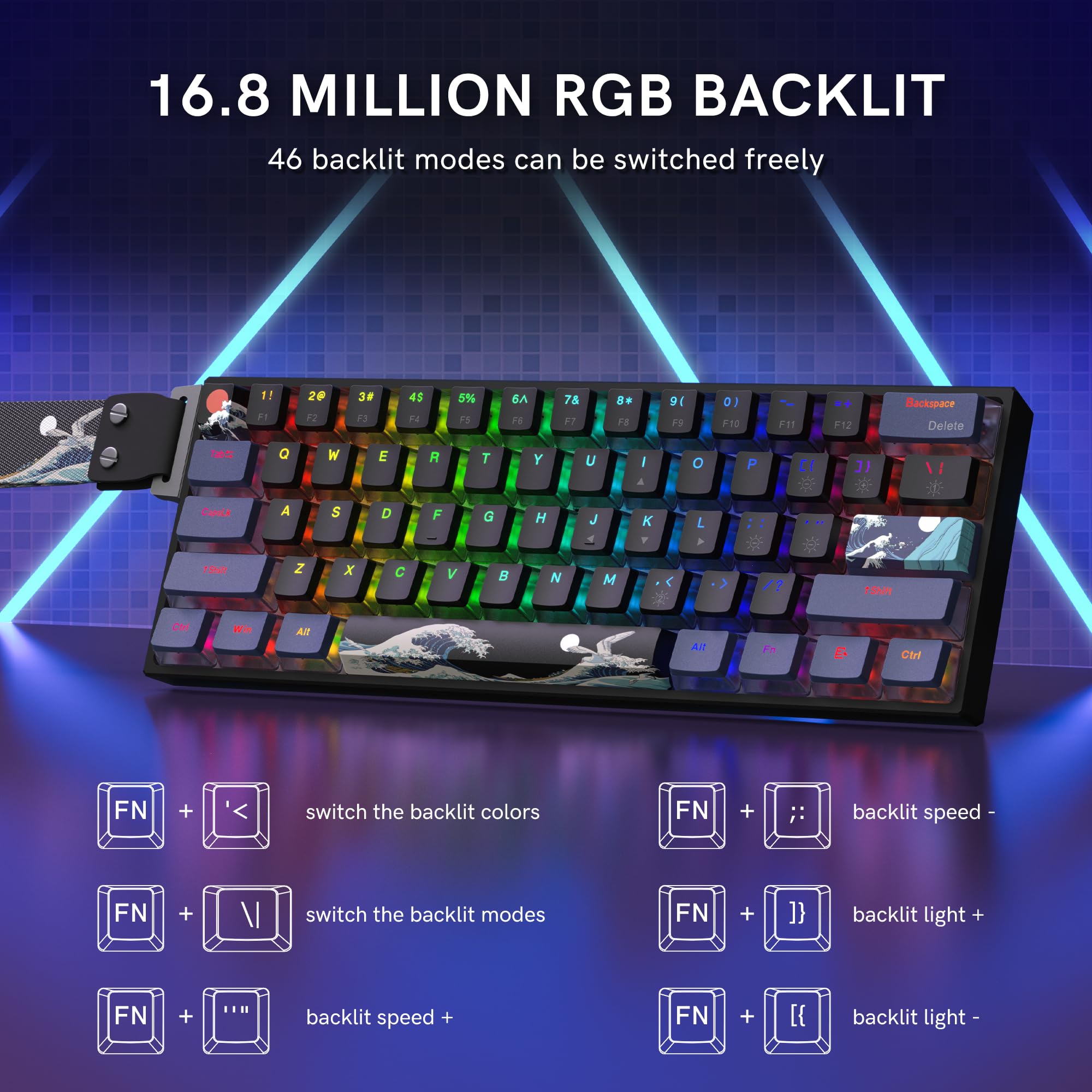 COSTOM WK61 PRO 60% Percent Keyboard with QMK, Black Kanagawa Wired Mechanical Gaming Keyboard with Strap RGB Backlit, Anime Pudding PBT Keycaps, Hot Swappable POM Linear Red Switch