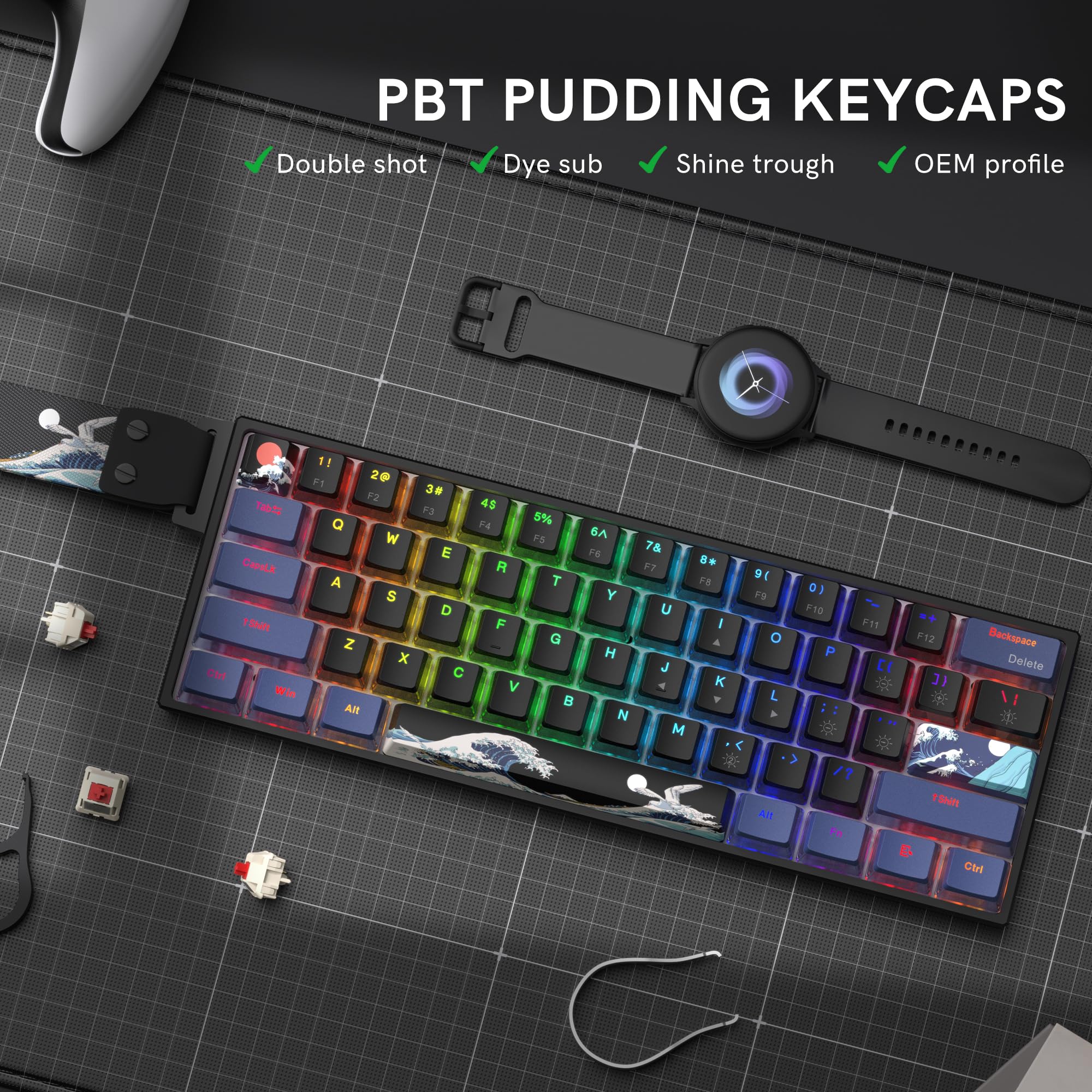 COSTOM WK61 PRO 60% Percent Keyboard with QMK, Black Kanagawa Wired Mechanical Gaming Keyboard with Strap RGB Backlit, Anime Pudding PBT Keycaps, Hot Swappable POM Linear Red Switch